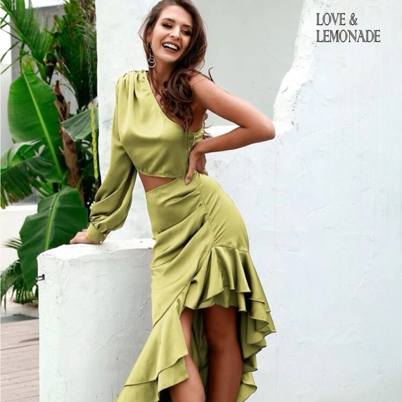 Green one shoulder cut out ruffle dress - Picture 4 of 6